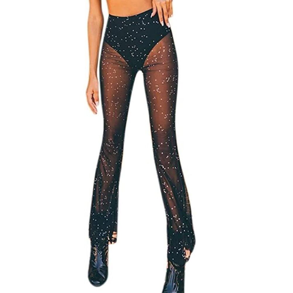 8799 Rave Mesh Sheer Pants 70s Outfits Bell Bottom Rave Outfit for Festival